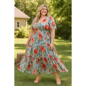 SOFT SURROUNDINGS First Bloom Plus Size Dress Floral Maxi Blue/Green size 1X